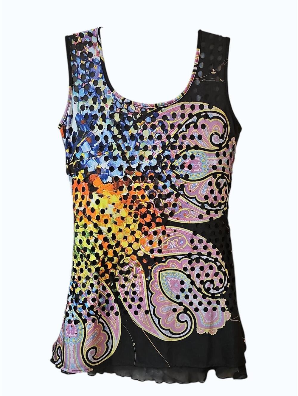 Alberto Makali Sleeveless Top Medium – Multicolor Paisley Dot Mesh Overlay Y2K
